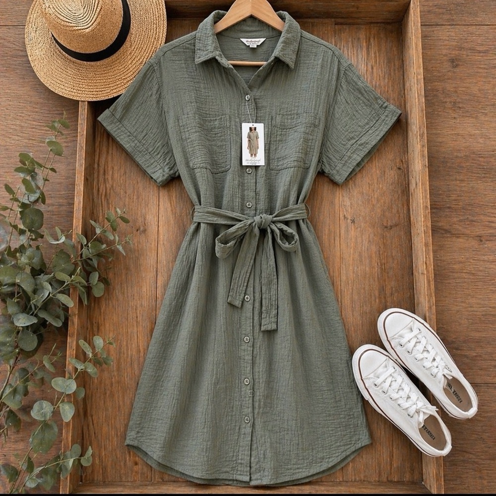 Weatherproof Vintage Green 100% Cotton Shirt Dress Belted Pockets M